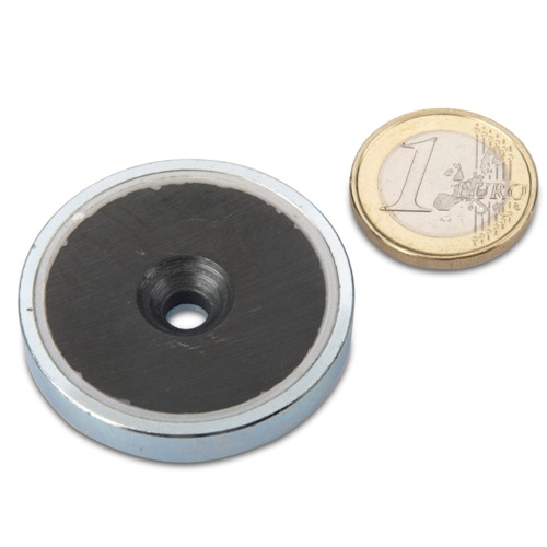 Ferrite pot magnet Ø 40.0 x 8.0 mm with countersink, holds 9 kg