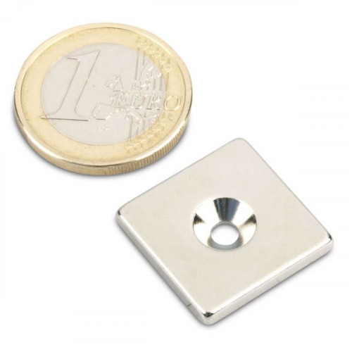 Blockmagnet 20.0 x 20.0 x 3.0 mm N45 nickel - M3 countersunk hole