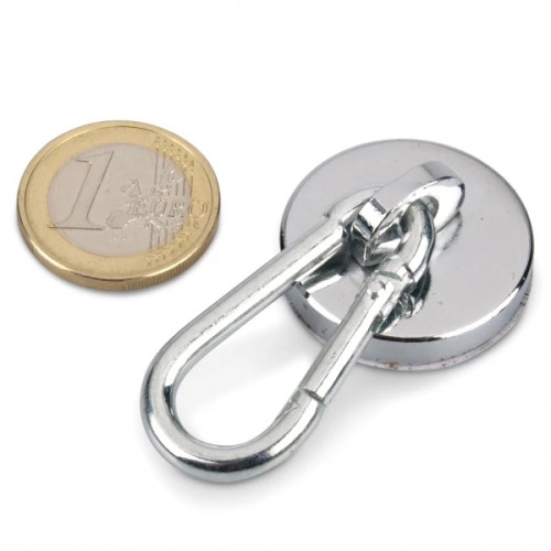 Magnetic plate neodymium Ø 28 mm with carabiner hook - holds 20 kg