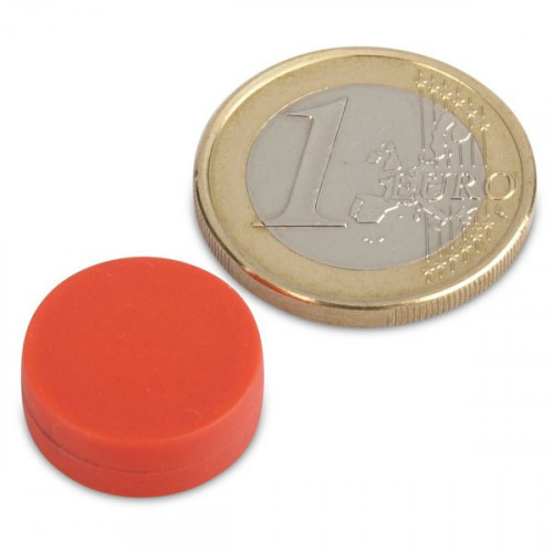 Neodymium magnet Ø 16.0 x 6.0 mm with plastic coating - red - 2.6 kg