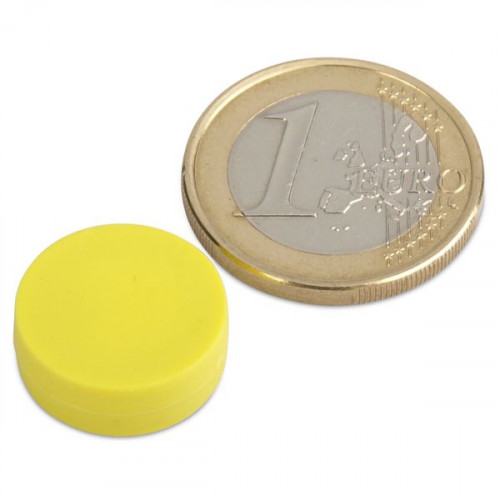 Neodymium magnet Ø 16.0 x 6.0 mm with plastic coating - yellow - 2.6 kg