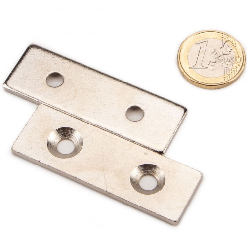 Metal plate 60 x 20 x 3 mm with counterbored holes, nickel
