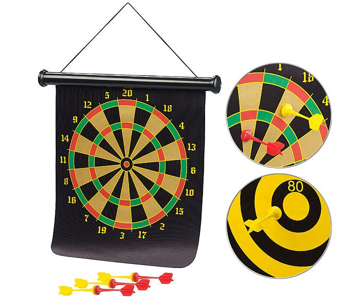 Magnetic dart game with target and 6 arrows, rollable