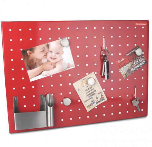 Stainless steel magnetic board RED with shelf and note box 500 x 350 mm