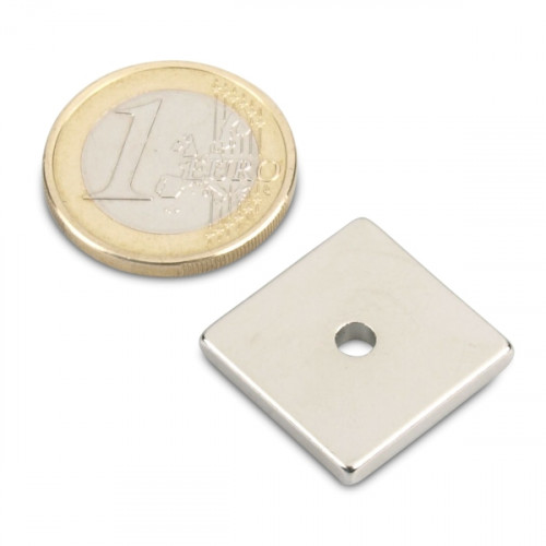Blockmagnet 20.0 x 20.0 x 3.0 mm N45 nickel - Ø 3.5 mm hole