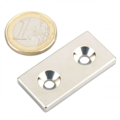 Blockmagnet 40.0 x 20.0 x 4.0 mm N35 nickel with 2 countersunk holes