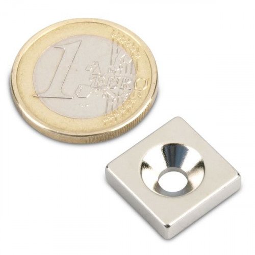 Blockmagnet 15.0 x 15.0 x 4.0 mm N35 nickel with countersunk hole