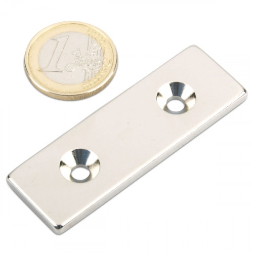 Blockmagnet 60.0 x 20.0 x 4.0 mm N35 nickel with 2 countersunk holes