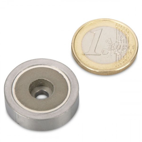 SmCo pot magnet Ø 25.0 x 7.0 mm, bore, stainless steel, 8 kg