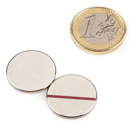 Discmagnet Ø 20 x 1.5 mm N45 nickel, north pole marked in red