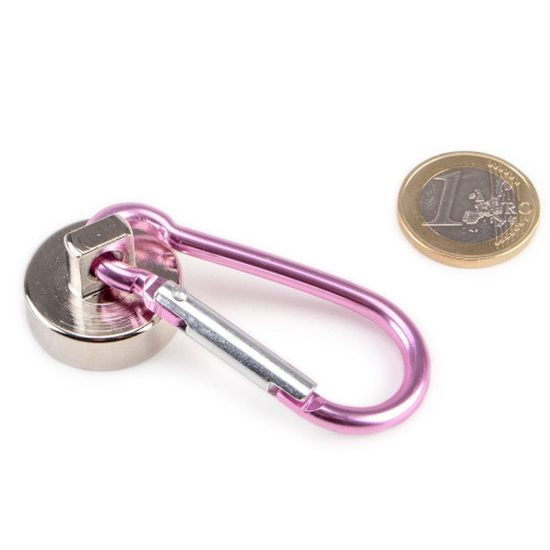 Magnetic plate neodymium Ø 32 mm pink carabiner - holds 39 kg