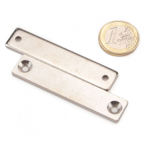Metal plate 65 x 14 x 3 mm with counterbored holes, nickel