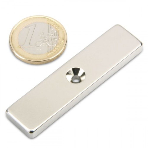 Blockmagnet 60.0 x 15.0 x 5.0 mm N45 nickel with countersunk hole